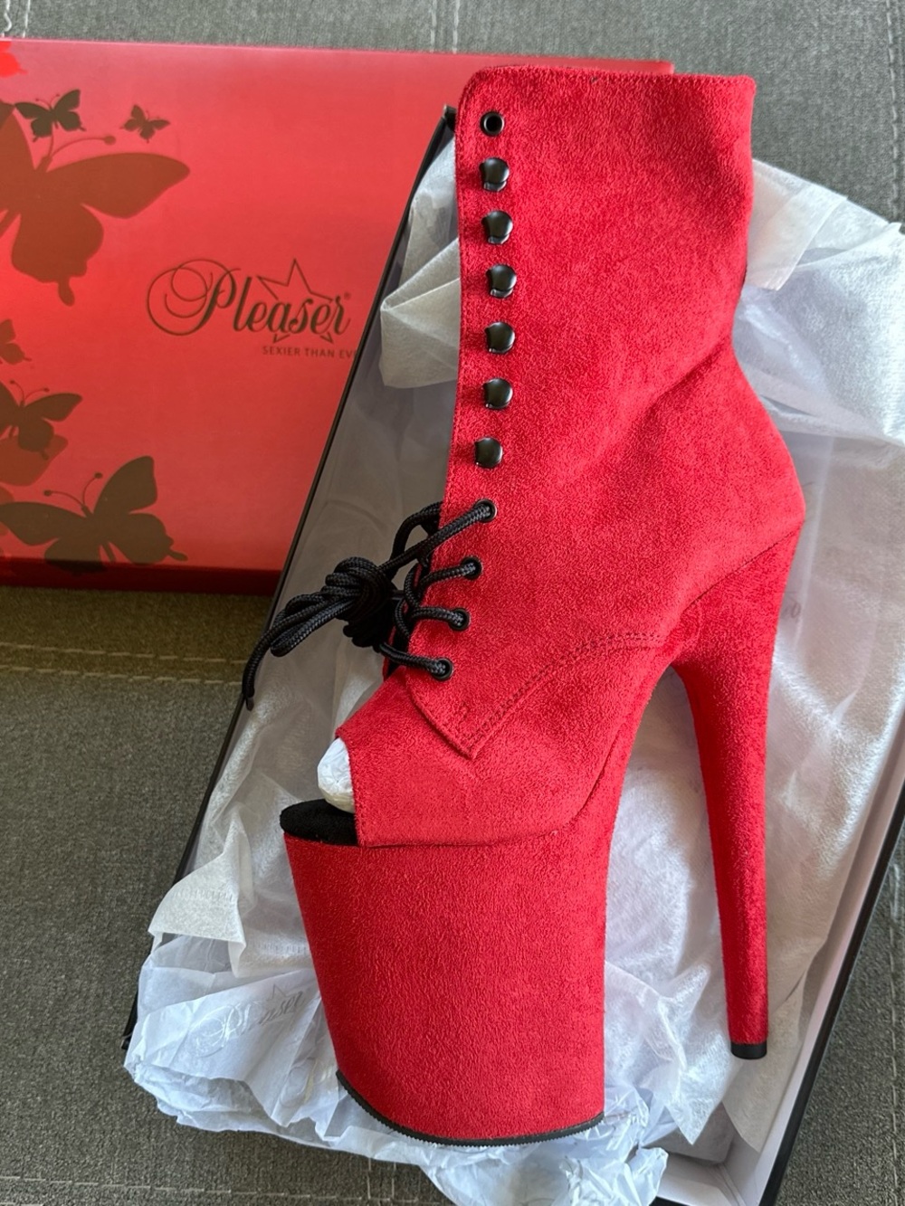 Pleaser Red Suede Peep-Toe Lace-Up Platform Ankle Boots